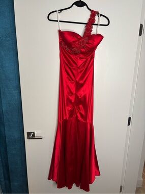 Xscape Red One-Shoulder Satin Gown with Floral Applique